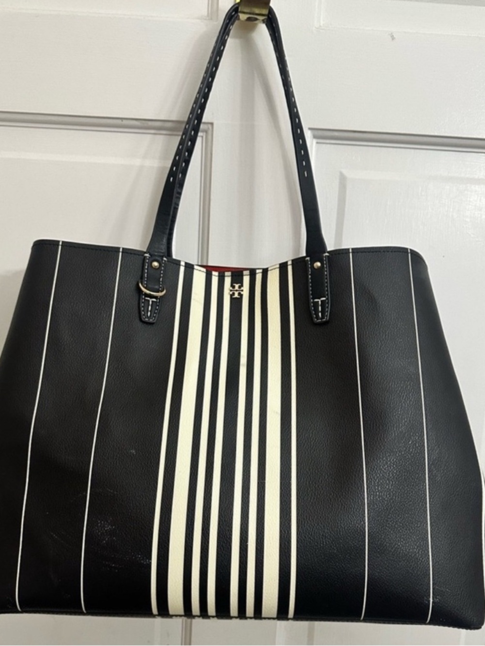 Tory Burch Kerrington Black & White Striped Square Tote